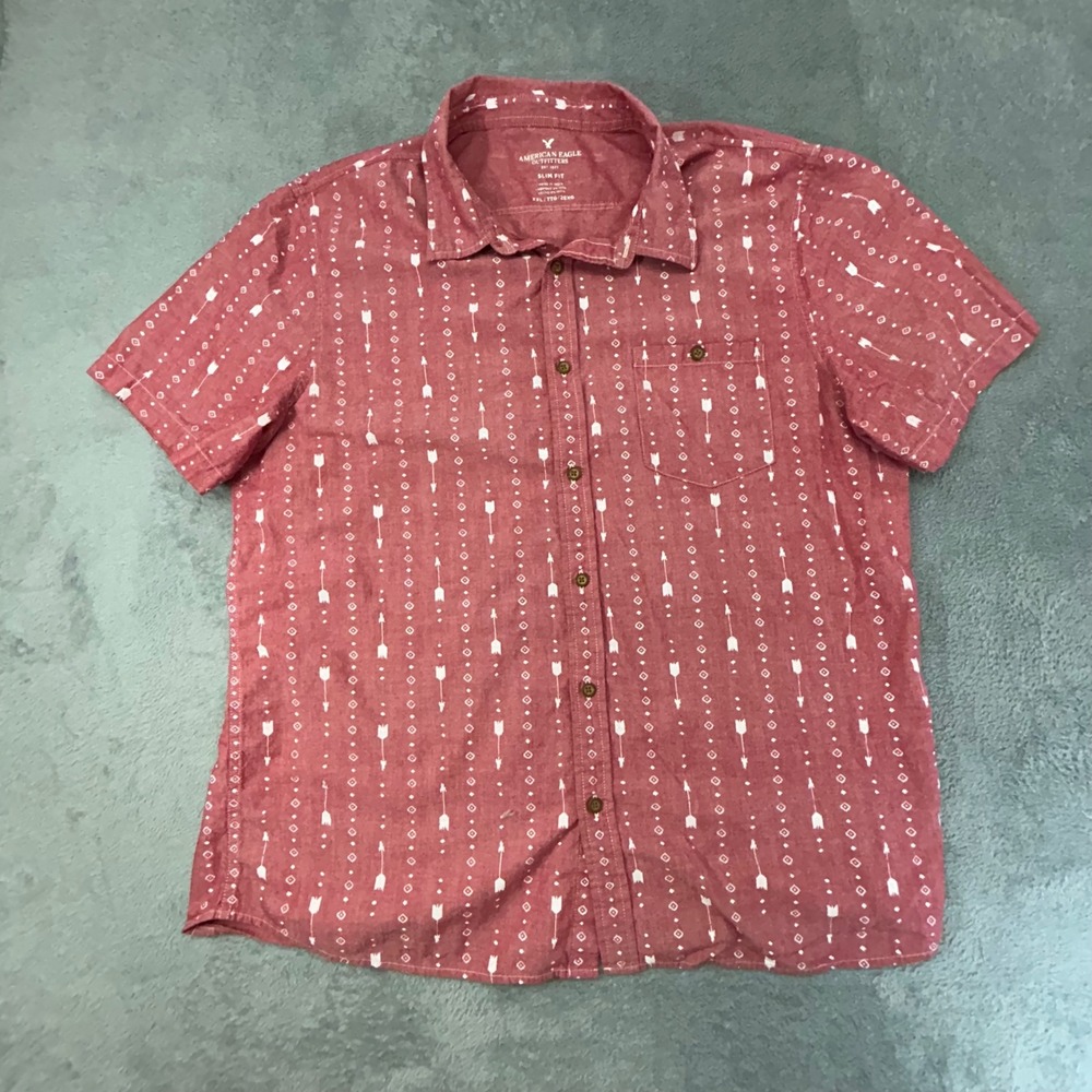 American Eagle‎ Mens XXL Slim Fit Red Arrow Print Short Sleeve Button Down Shirt